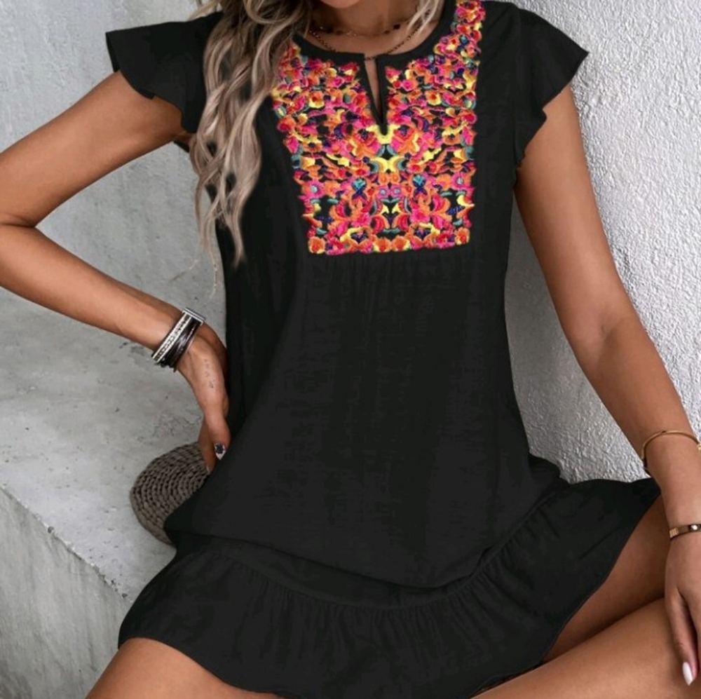 Lioness Black Mini Dress with Multicolor Embroidery